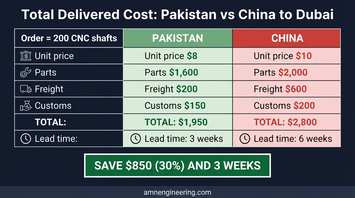 Cost comparison table for 200 CNC machined pump shafts delivered to Dubai showing Pakistan total landed cost 1950 dollars versus China 2800 dollars, a 30 percent saving